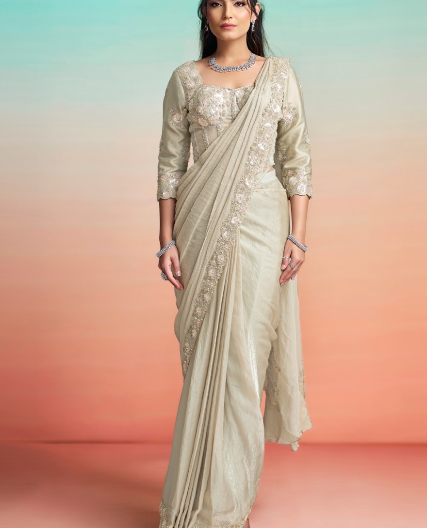 BEIGE - Beige Satin Silk Embroidered, Pearls and Sequins Work Classic Saree for Ceremonial