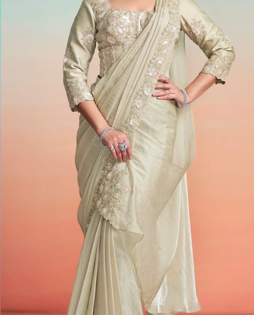 BEIGE - Beige Satin Silk Embroidered, Pearls and Sequins Work Classic Saree for Ceremonial