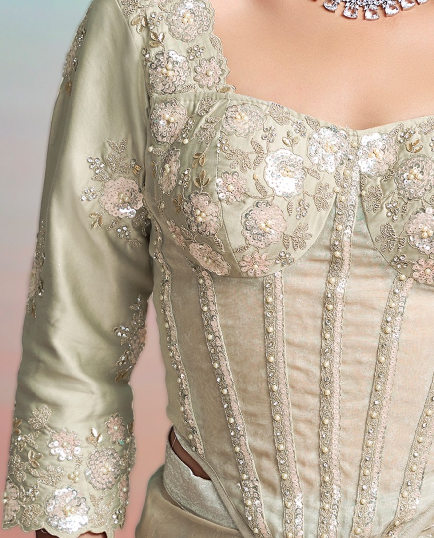 BEIGE - Beige Satin Silk Embroidered, Pearls and Sequins Work Classic Saree for Ceremonial