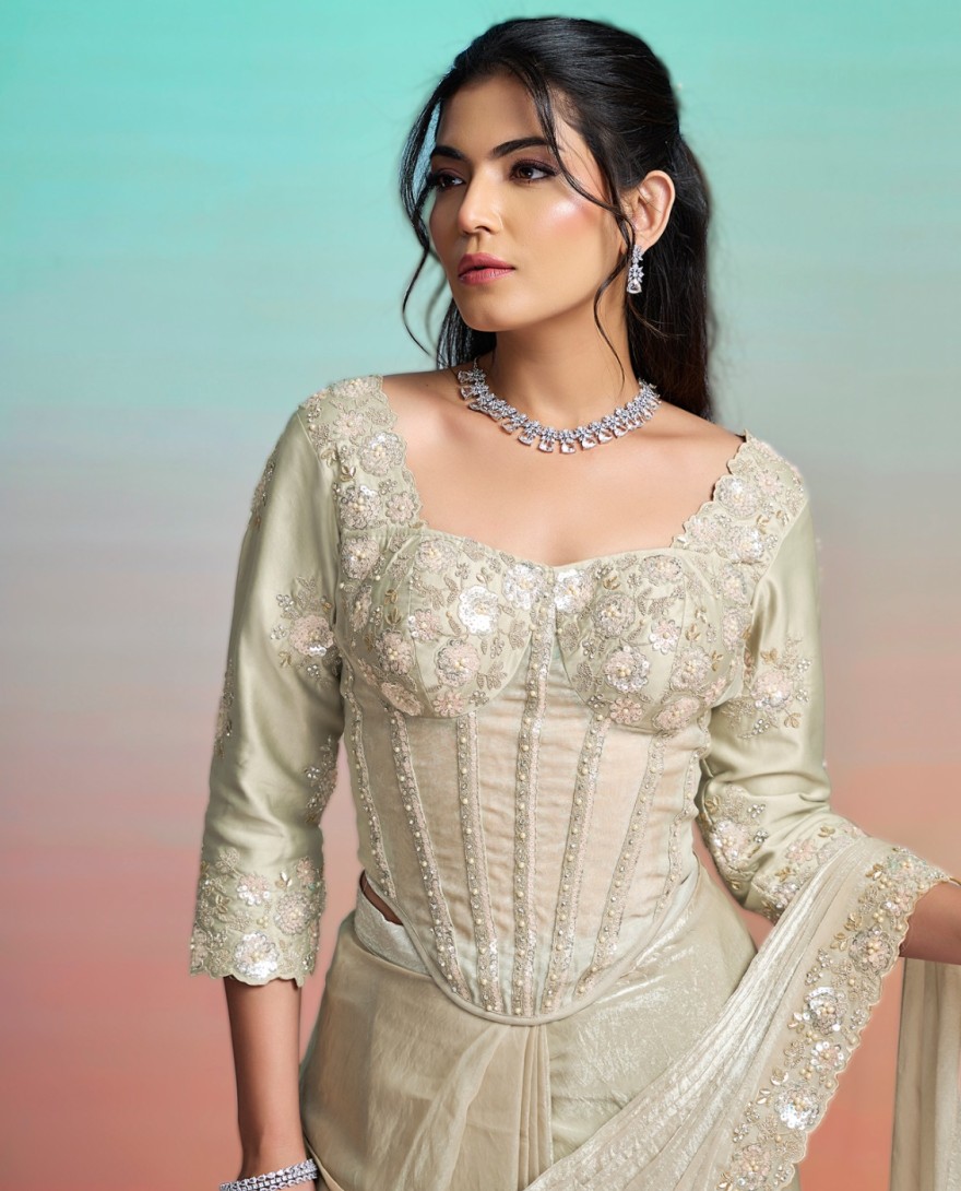 BEIGE - Beige Satin Silk Embroidered, Pearls and Sequins Work Classic Saree for Ceremonial