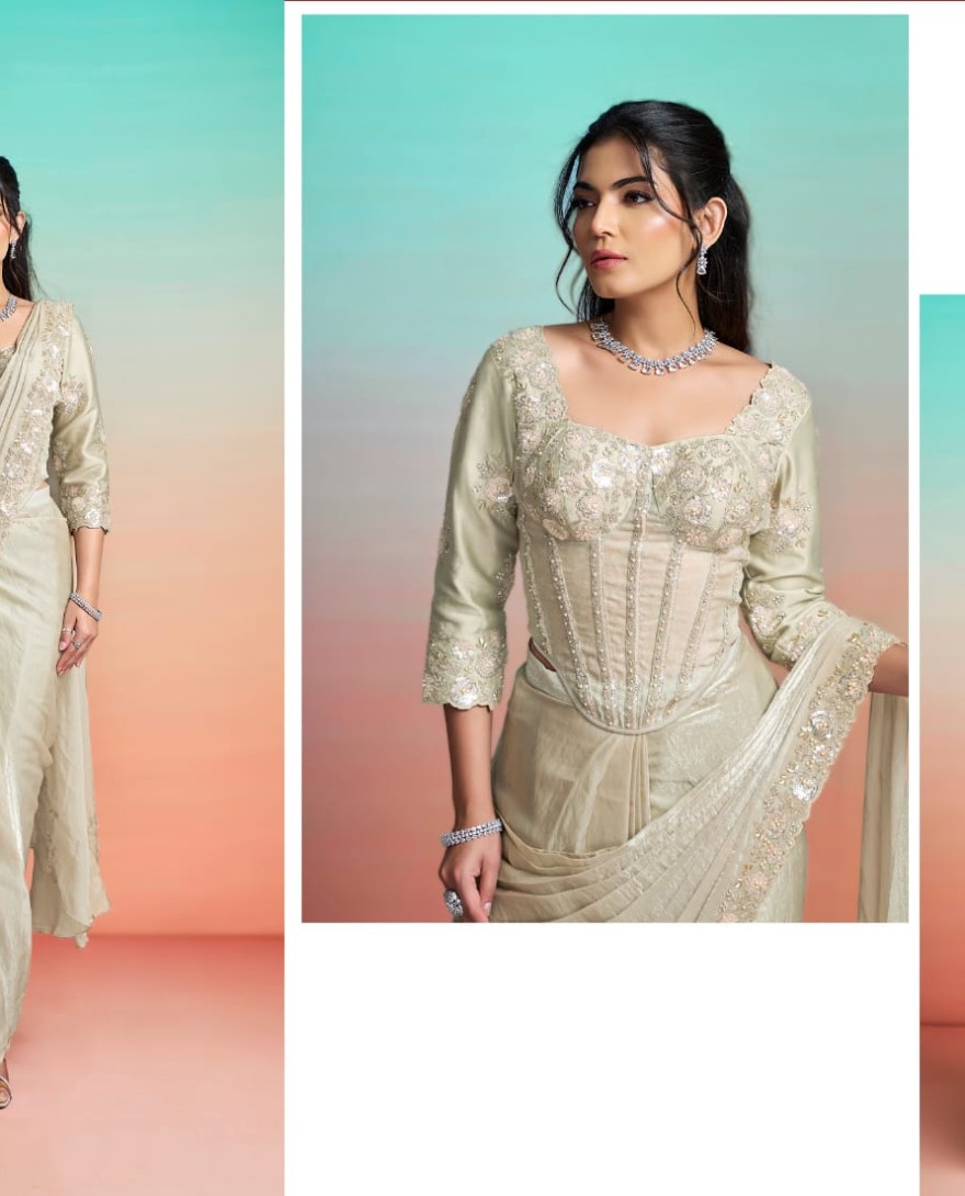 BEIGE - Beige Satin Silk Embroidered, Pearls and Sequins Work Classic Saree for Ceremonial