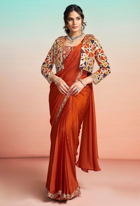 Orange Satin Silk Embroidered, Pearls, Sequins and Thread Work Trendy Saree