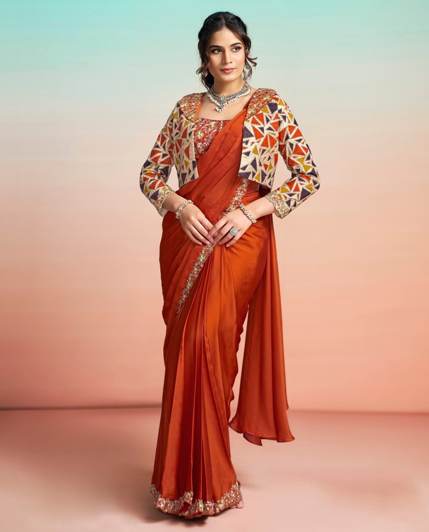 ORANGE - Orange Satin Silk Embroidered, Pearls, Sequins and Thread Work Trendy Saree