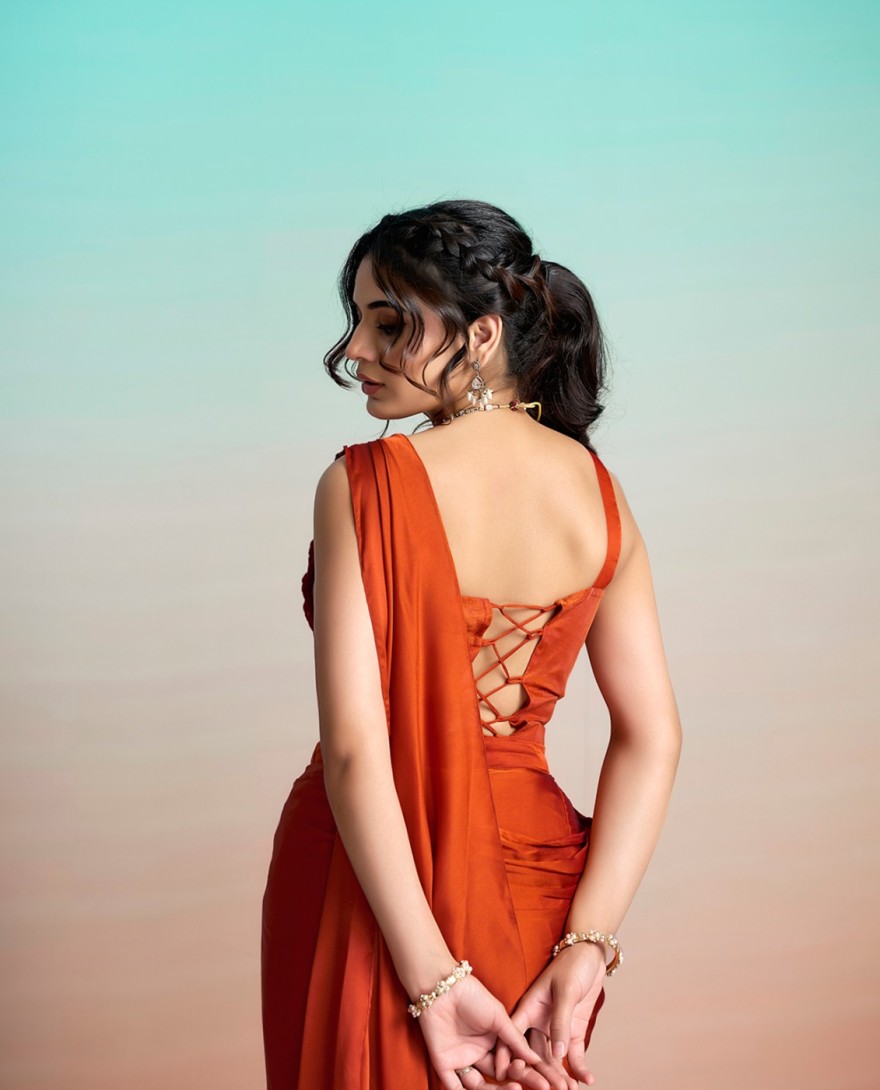 ORANGE - Orange Satin Silk Embroidered, Pearls, Sequins and Thread Work Trendy Saree