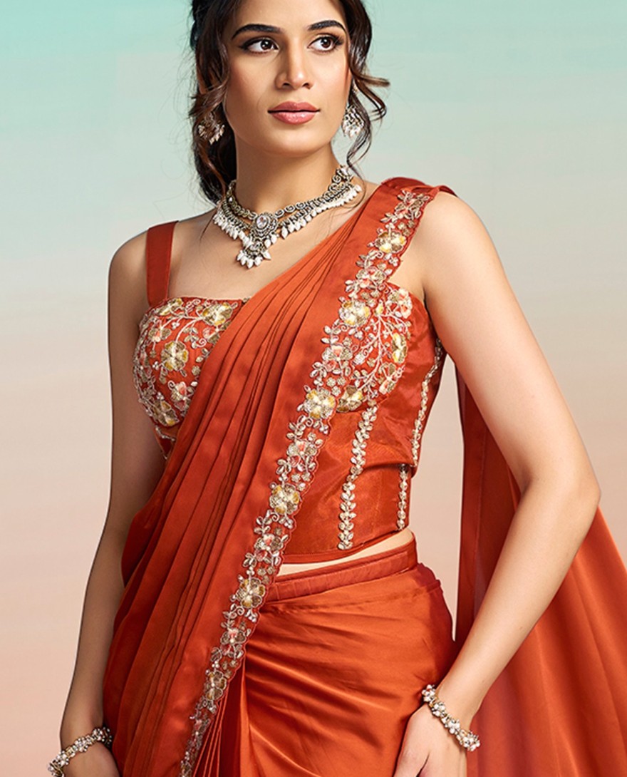 ORANGE - Orange Satin Silk Embroidered, Pearls, Sequins and Thread Work Trendy Saree