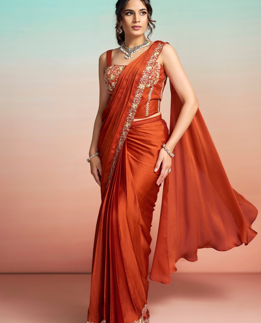 ORANGE - Orange Satin Silk Embroidered, Pearls, Sequins and Thread Work Trendy Saree