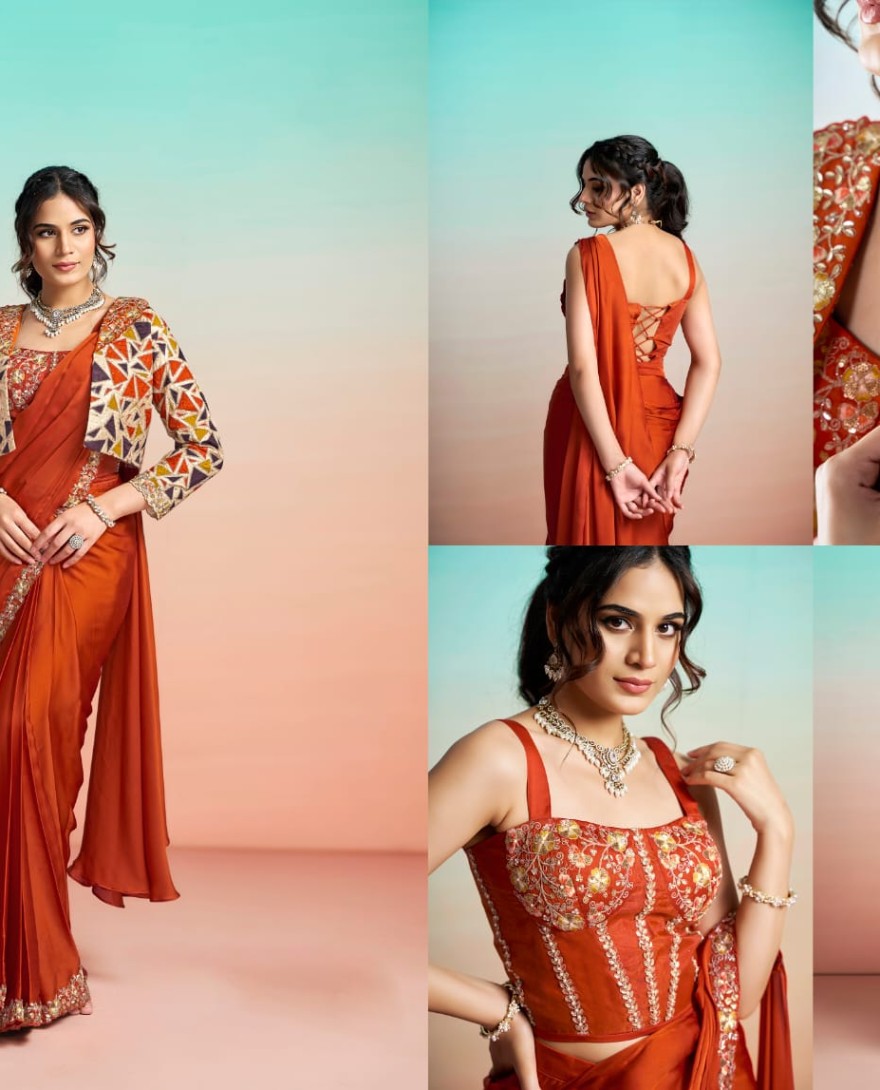 ORANGE - Orange Satin Silk Embroidered, Pearls, Sequins and Thread Work Trendy Saree