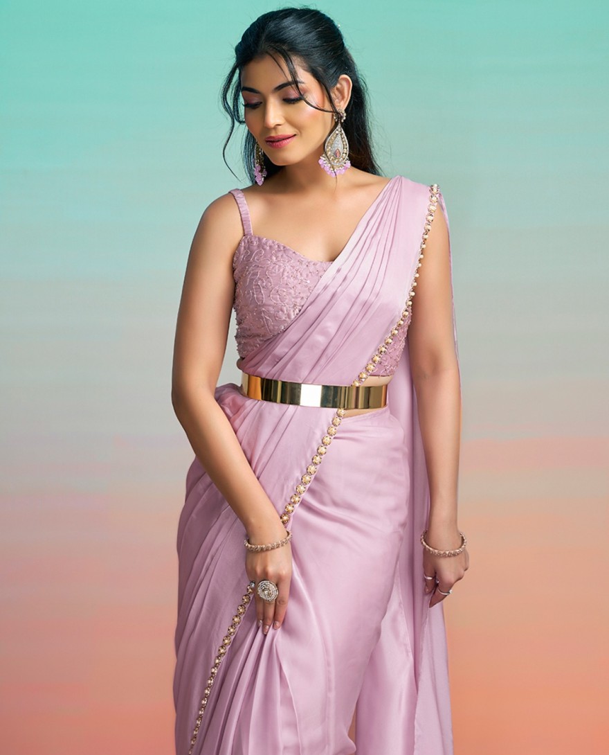 LAVENDER - Lavender Satin Silk Beads, Embroidered, Pearls and Sequins Work Contemporary Saree for Ceremonial