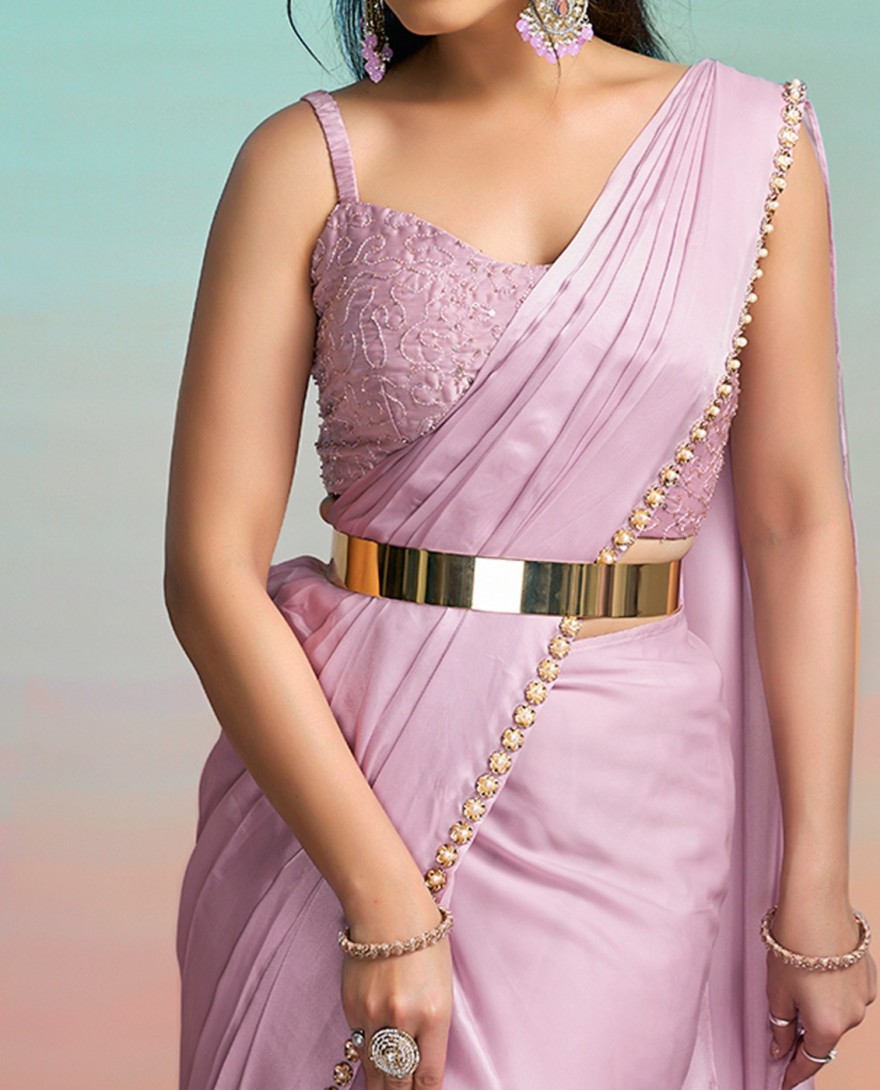 LAVENDER - Lavender Satin Silk Beads, Embroidered, Pearls and Sequins Work Contemporary Saree for Ceremonial