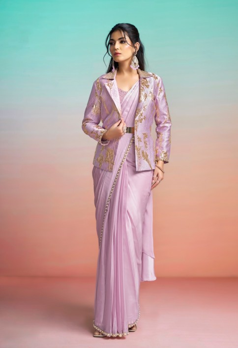 Lavender Satin Silk Beads, Embroidered, Pearls and Sequins Work Contemporary Saree for Ceremonial