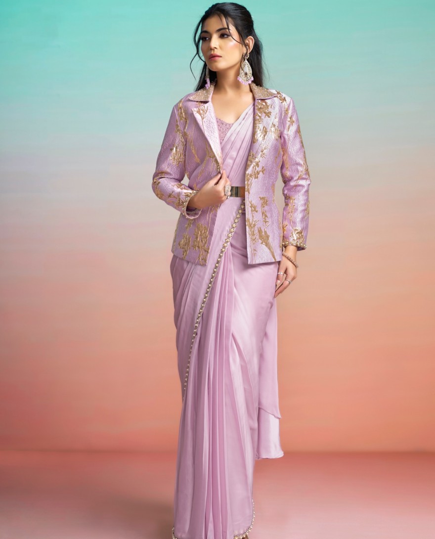 LAVENDER - Lavender Satin Silk Beads, Embroidered, Pearls and Sequins Work Contemporary Saree for Ceremonial