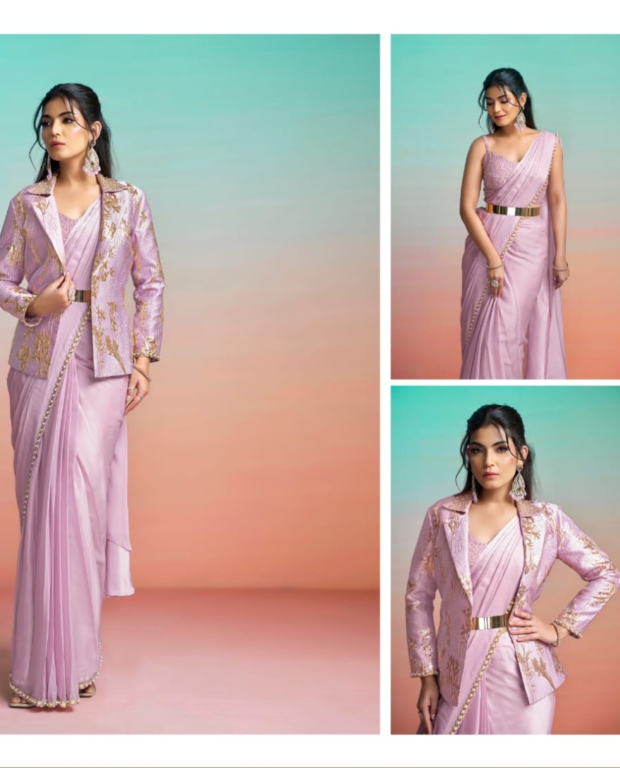 LAVENDER - Lavender Satin Silk Beads, Embroidered, Pearls and Sequins Work Contemporary Saree for Ceremonial