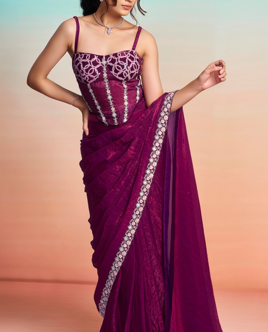 PURPLE - Purple Satin Silk Classic Saree with Embroidered, Pearls, Sequins and Thread Work