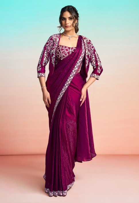 Purple Satin Silk Classic Saree with Embroidered, Pearls, Sequins and Thread Work
