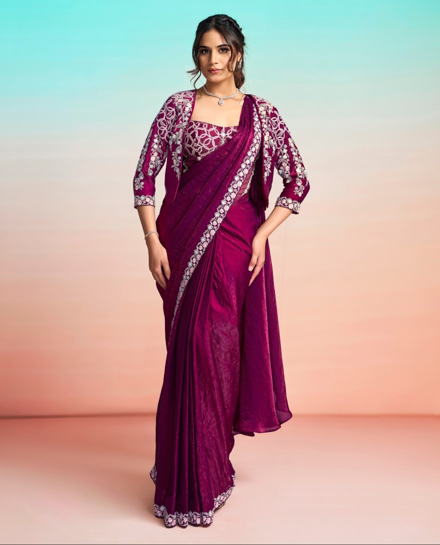 PURPLE - Purple Satin Silk Classic Saree with Embroidered, Pearls, Sequins and Thread Work