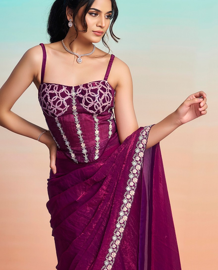 PURPLE - Purple Satin Silk Classic Saree with Embroidered, Pearls, Sequins and Thread Work