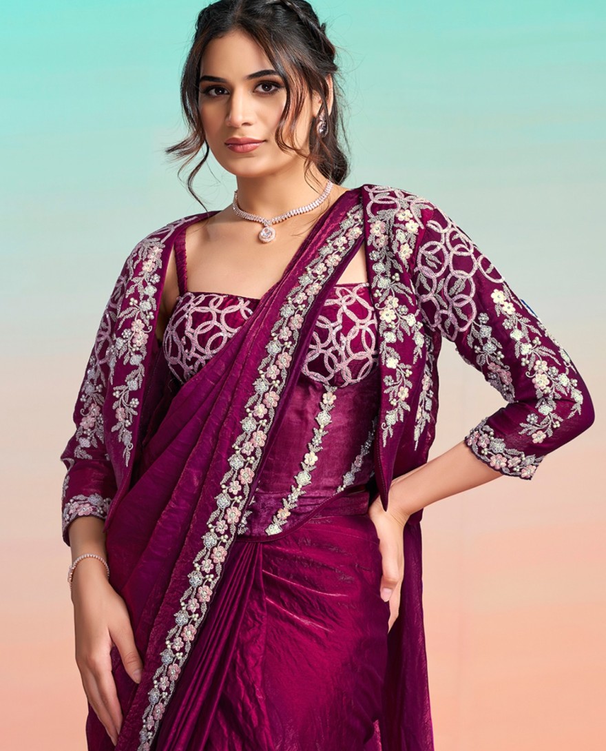 PURPLE - Purple Satin Silk Classic Saree with Embroidered, Pearls, Sequins and Thread Work