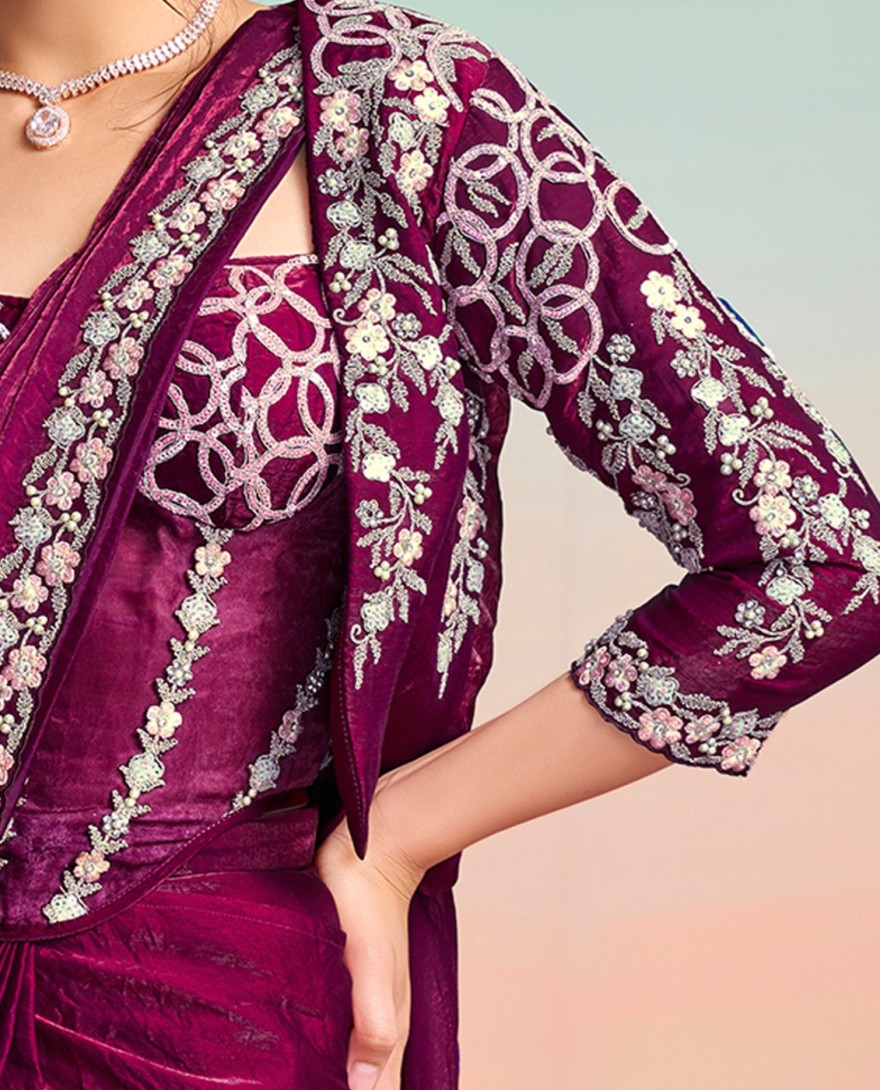 PURPLE - Purple Satin Silk Classic Saree with Embroidered, Pearls, Sequins and Thread Work