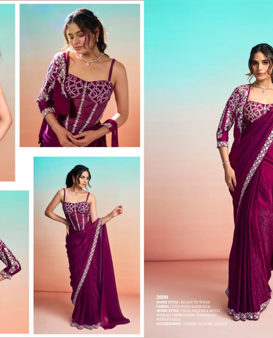 PURPLE - Purple Satin Silk Classic Saree with Embroidered, Pearls, Sequins and Thread Work