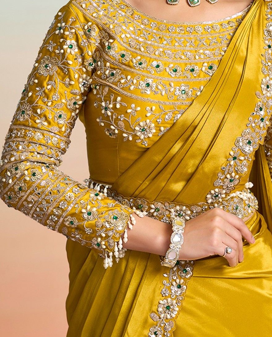 YELLLOW - Embroidered, Mirror, Pearls, Sequins and Stone Work Faux Crepe Contemporary Saree In Mustard