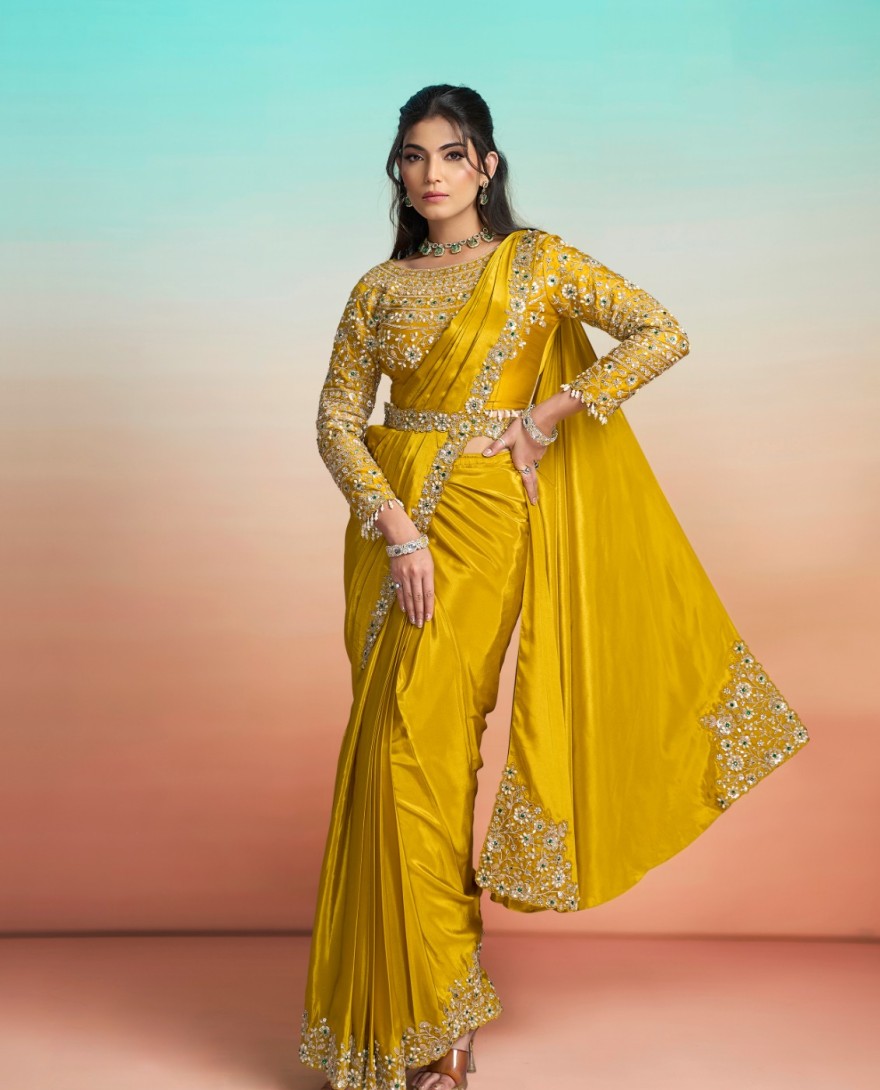 YELLLOW - Embroidered, Mirror, Pearls, Sequins and Stone Work Faux Crepe Contemporary Saree In Mustard