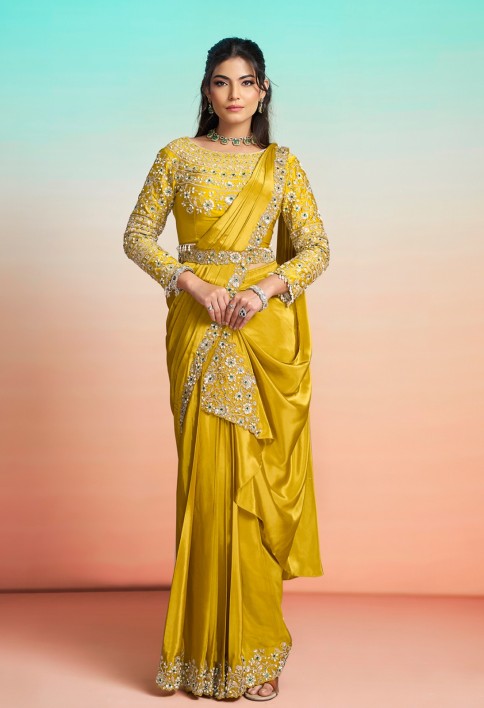 Embroidered, Mirror, Pearls, Sequins and Stone Work Faux Crepe Contemporary Saree In Mustard
