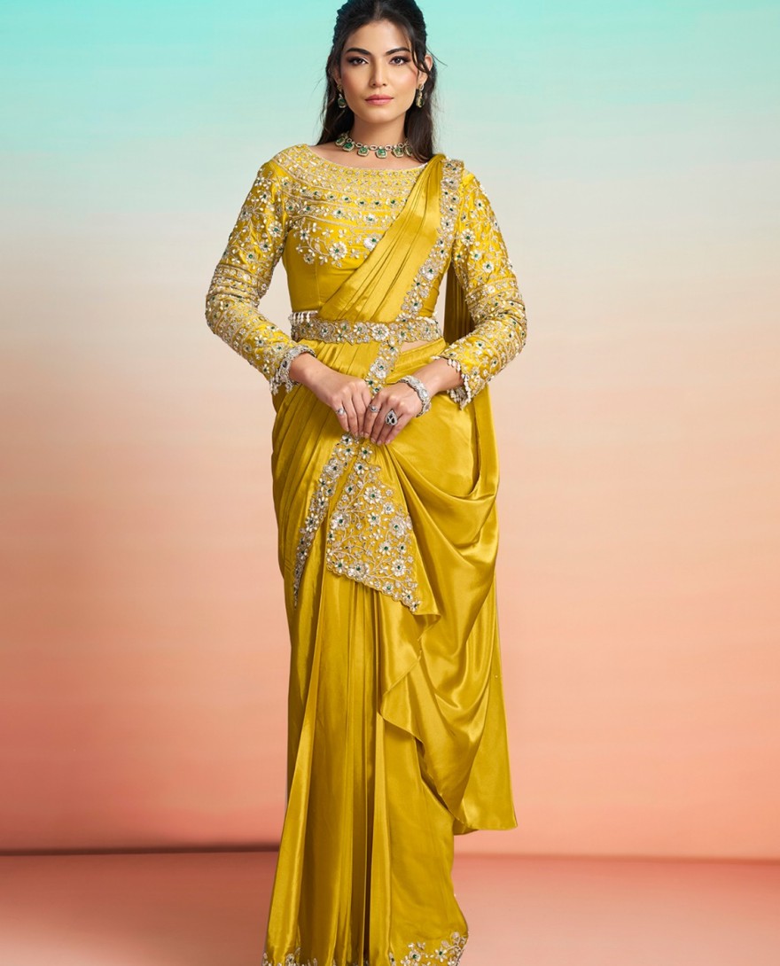 YELLLOW - Embroidered, Mirror, Pearls, Sequins and Stone Work Faux Crepe Contemporary Saree In Mustard