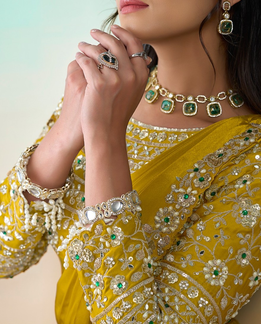 YELLLOW - Embroidered, Mirror, Pearls, Sequins and Stone Work Faux Crepe Contemporary Saree In Mustard