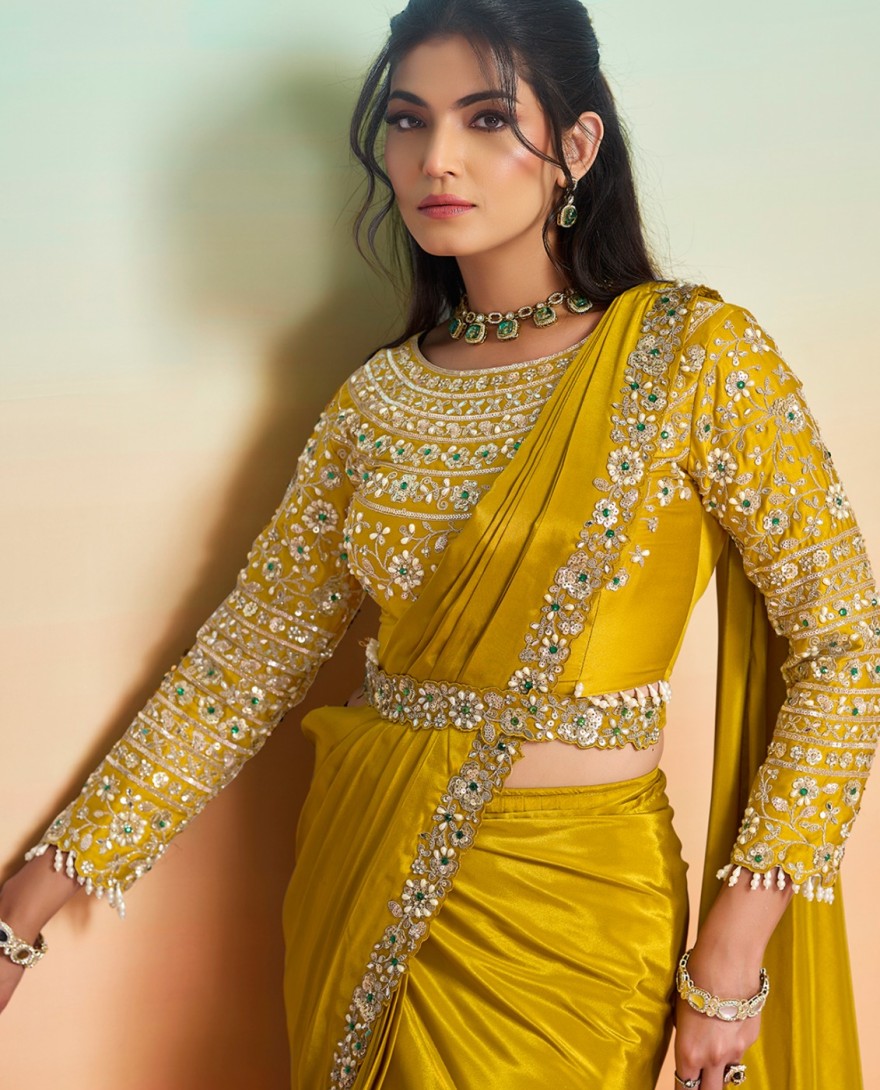 YELLLOW - Embroidered, Mirror, Pearls, Sequins and Stone Work Faux Crepe Contemporary Saree In Mustard