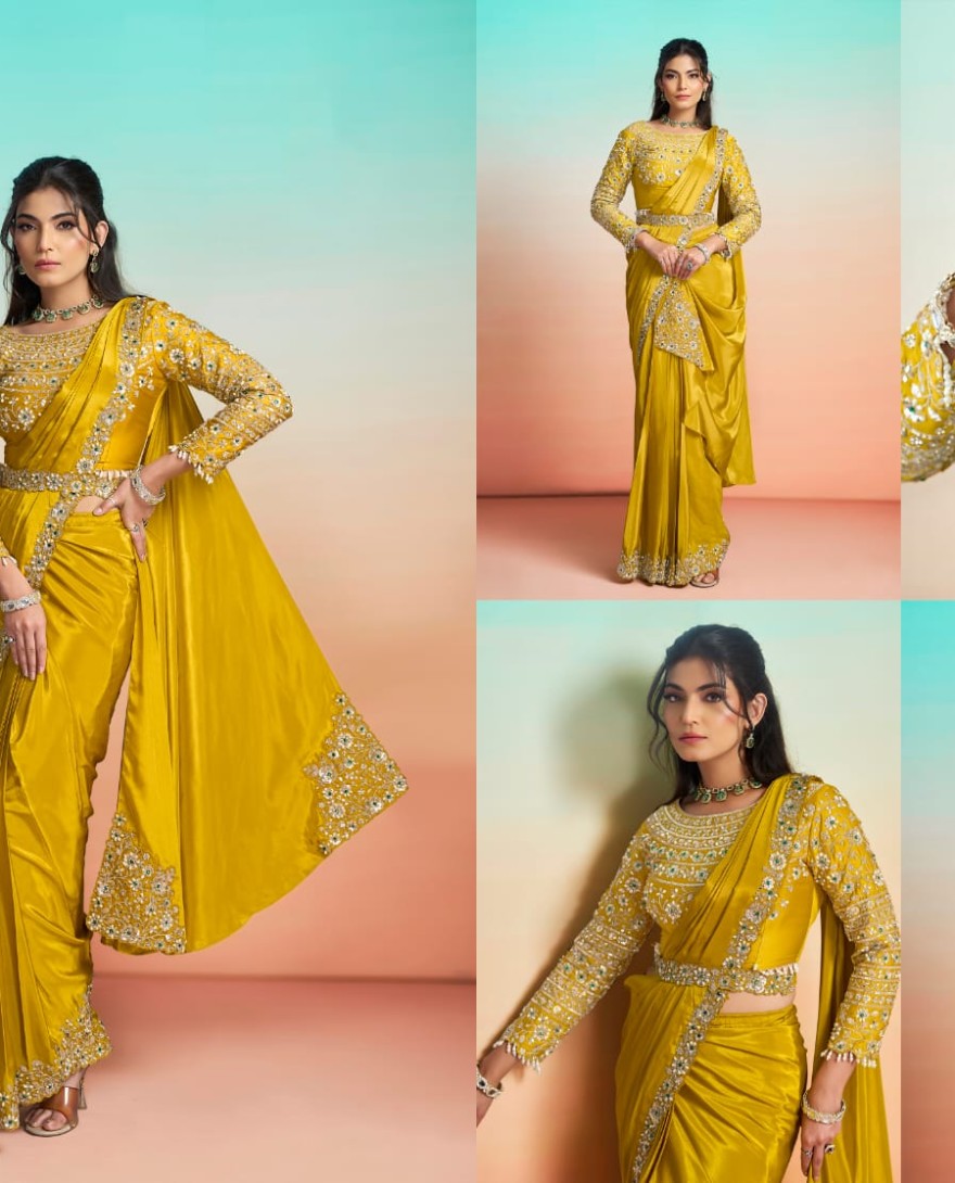 YELLLOW - Embroidered, Mirror, Pearls, Sequins and Stone Work Faux Crepe Contemporary Saree In Mustard