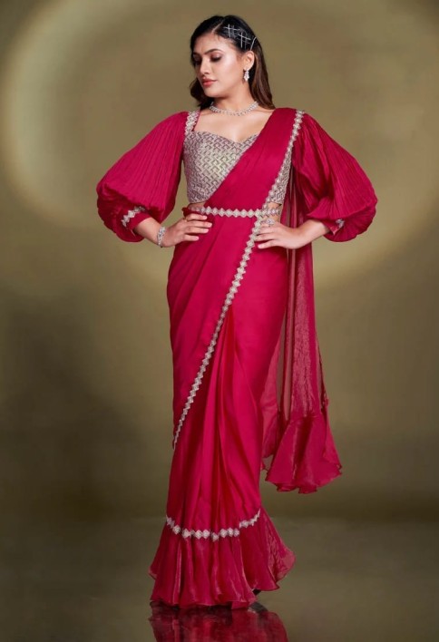 Ready To Wear Red Satin Silk Saree With Designer Blouse For Indian Festival And Pakistani Wedding