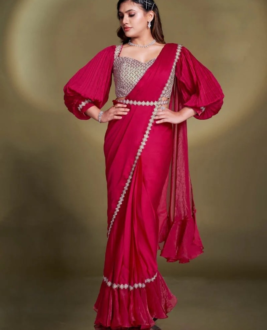 RED - Ready To Wear Red Satin Silk Saree With Designer Blouse For Indian Festival And Pakistani Wedding