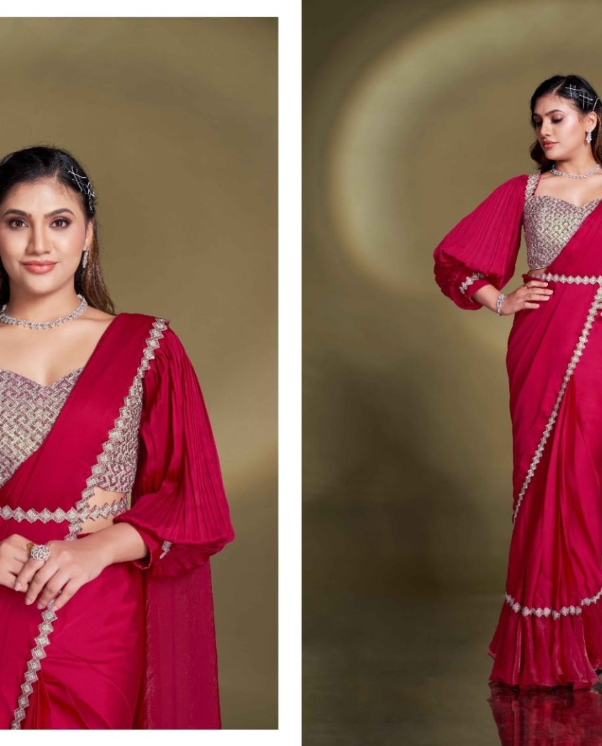 RED - Ready To Wear Red Satin Silk Saree With Designer Blouse For Indian Festival And Pakistani Wedding