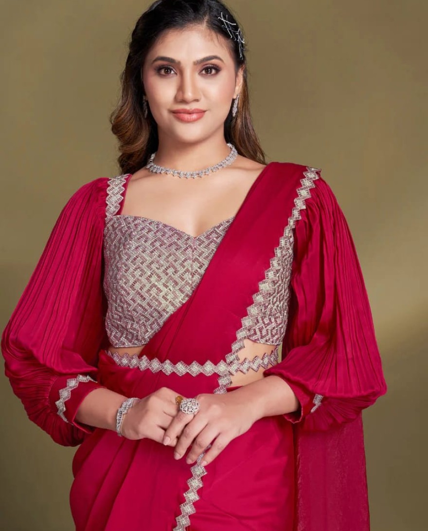 RED - Ready To Wear Red Satin Silk Saree With Designer Blouse For Indian Festival And Pakistani Wedding