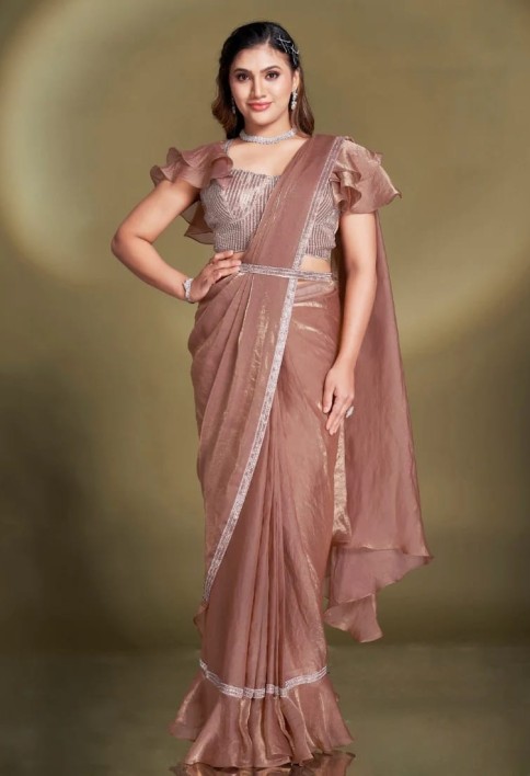 Ready To Wear Brown Satin Silk Saree With Designer Blouse For Indian Festival And Pakistani Wedding