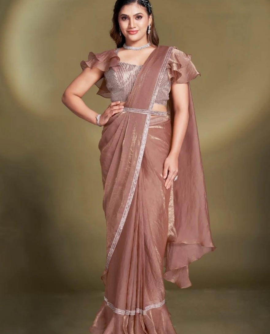 BROWN - Ready To Wear Brown Satin Silk Saree With Designer Blouse For Indian Festival And Pakistani Wedding