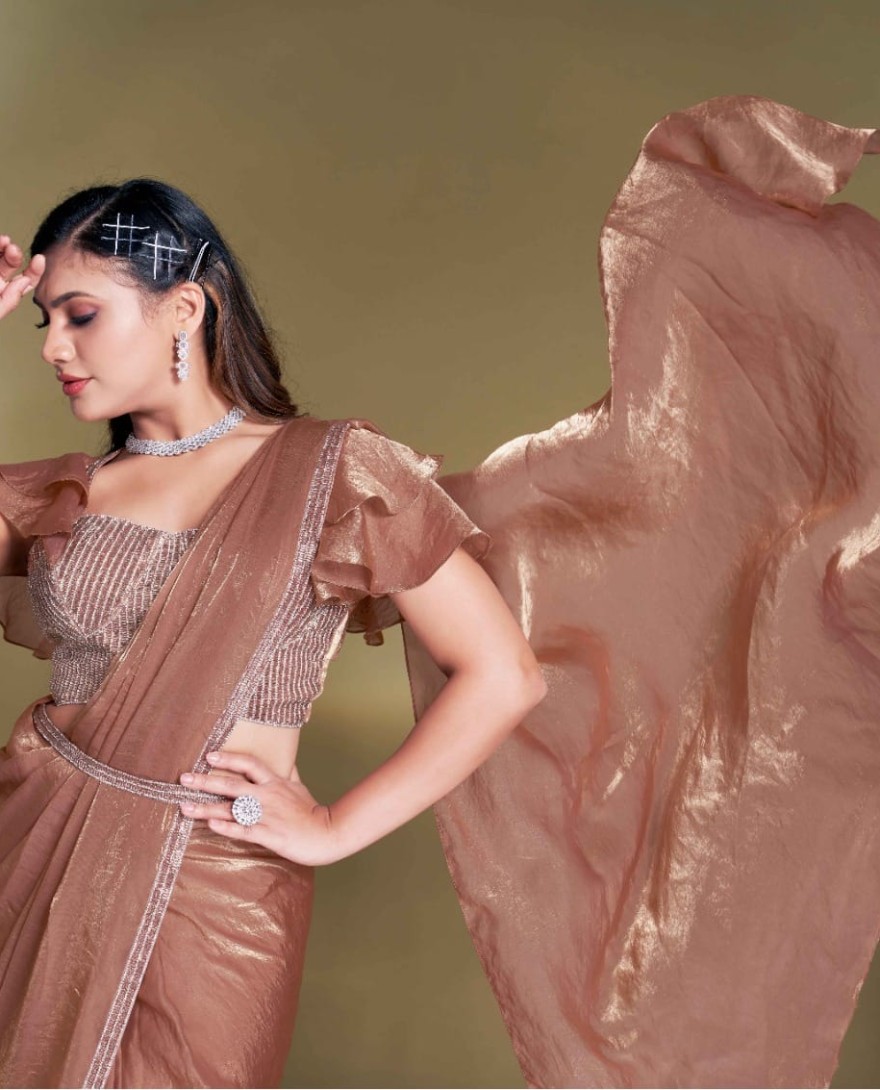 BROWN - Ready To Wear Brown Satin Silk Saree With Designer Blouse For Indian Festival And Pakistani Wedding