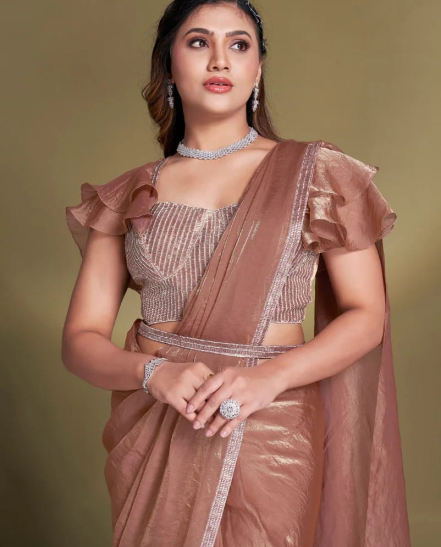 BROWN - Ready To Wear Brown Satin Silk Saree With Designer Blouse For Indian Festival And Pakistani Wedding