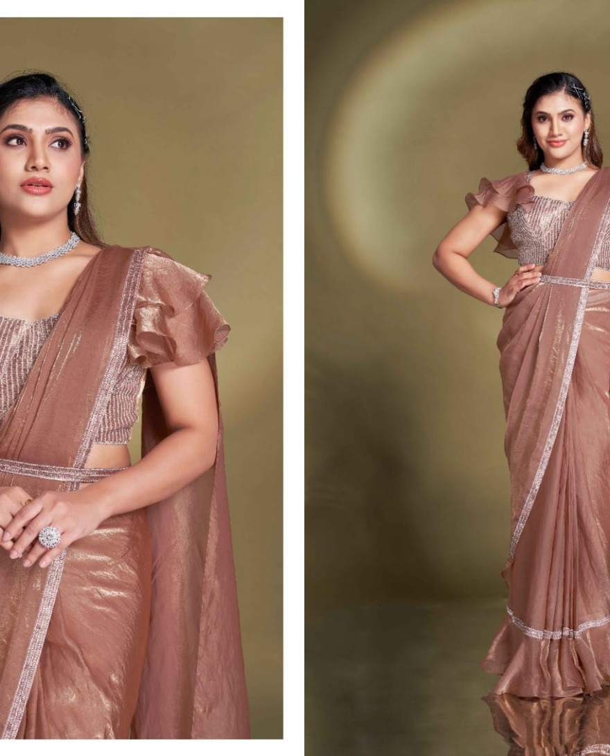 BROWN - Ready To Wear Brown Satin Silk Saree With Designer Blouse For Indian Festival And Pakistani Wedding