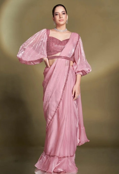 Ready To Wear Pink Satin Silk Saree With Designer Blouse For Indian Festival And Pakistani Wedding