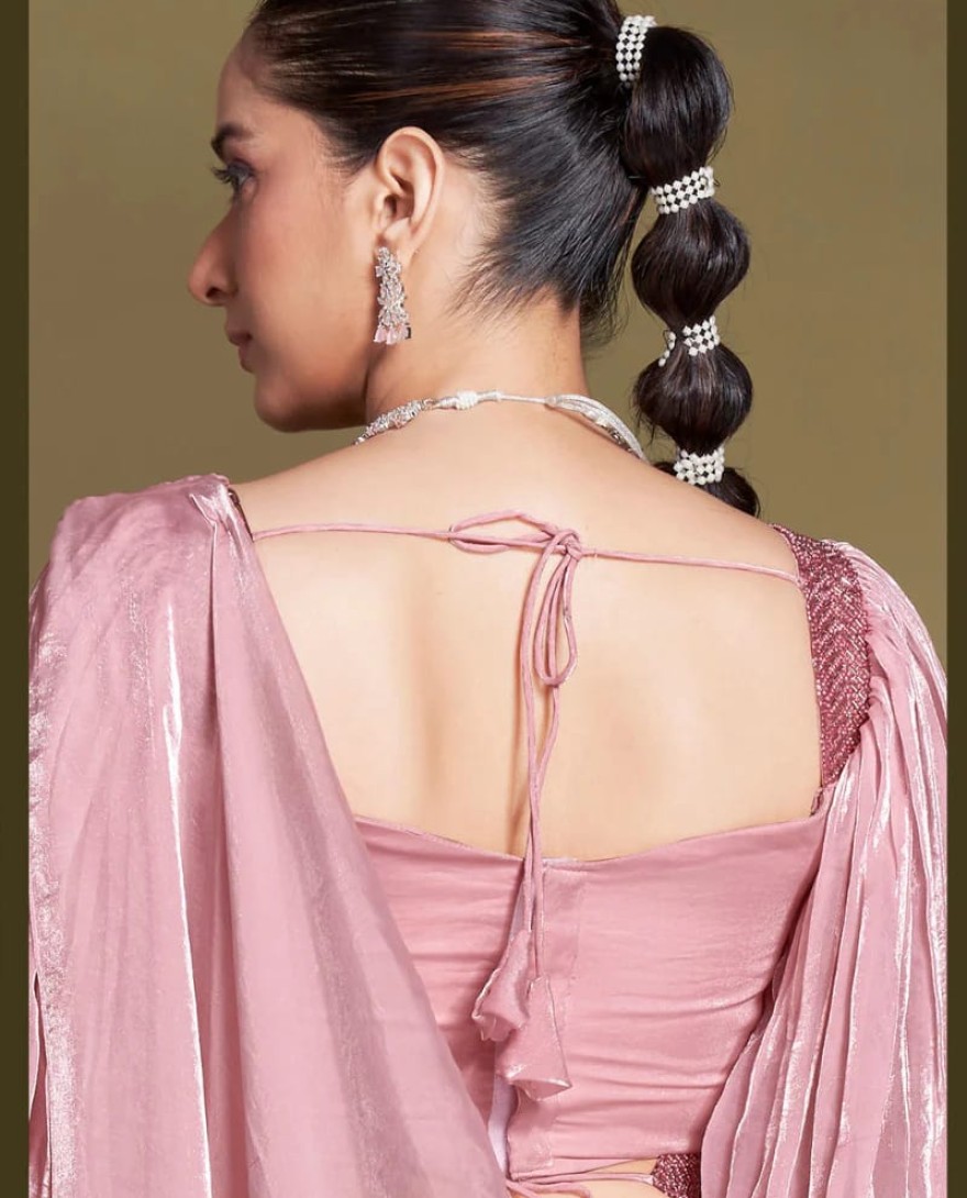 PINK - Ready To Wear Pink Satin Silk Saree With Designer Blouse For Indian Festival And Pakistani Wedding