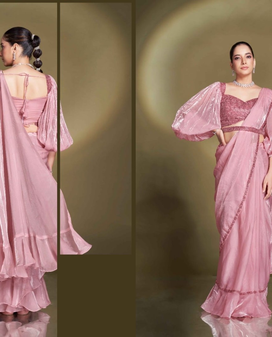 PINK - Ready To Wear Pink Satin Silk Saree With Designer Blouse For Indian Festival And Pakistani Wedding