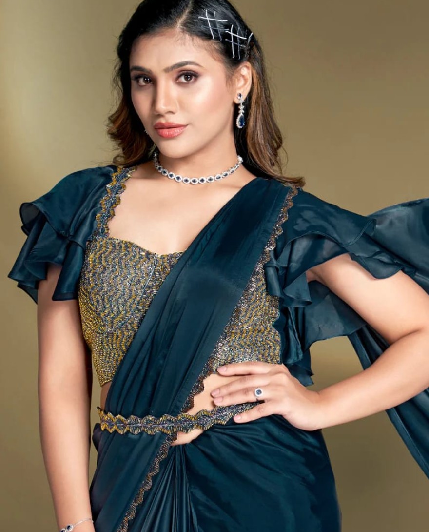 BLUE - Ready To Wear Teal Blue Satin Silk Saree With Designer Blouse For Indian Festival And Pakistani Wedding