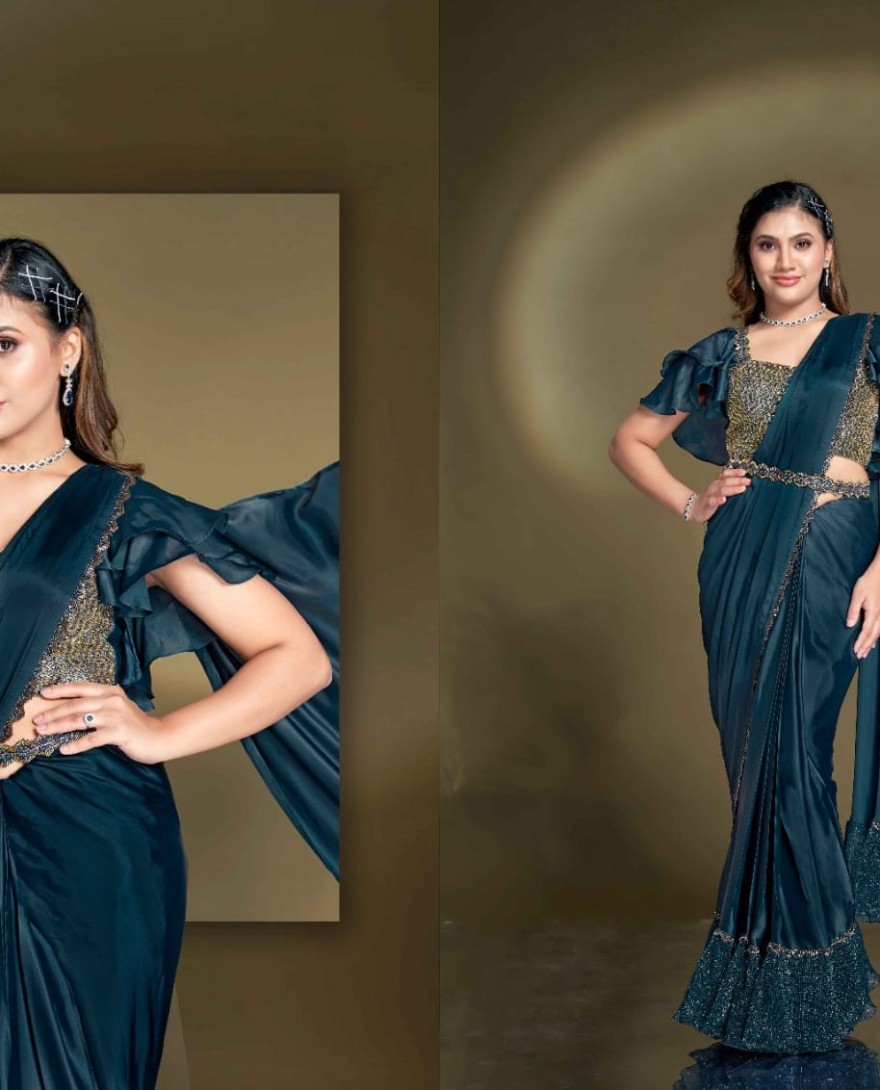 BLUE - Ready To Wear Teal Blue Satin Silk Saree With Designer Blouse For Indian Festival And Pakistani Wedding