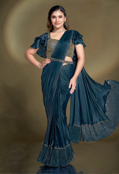 Ready To Wear Teal Blue Satin Silk Saree With Designer Blouse For Indian Festival And Pakistani Wedding