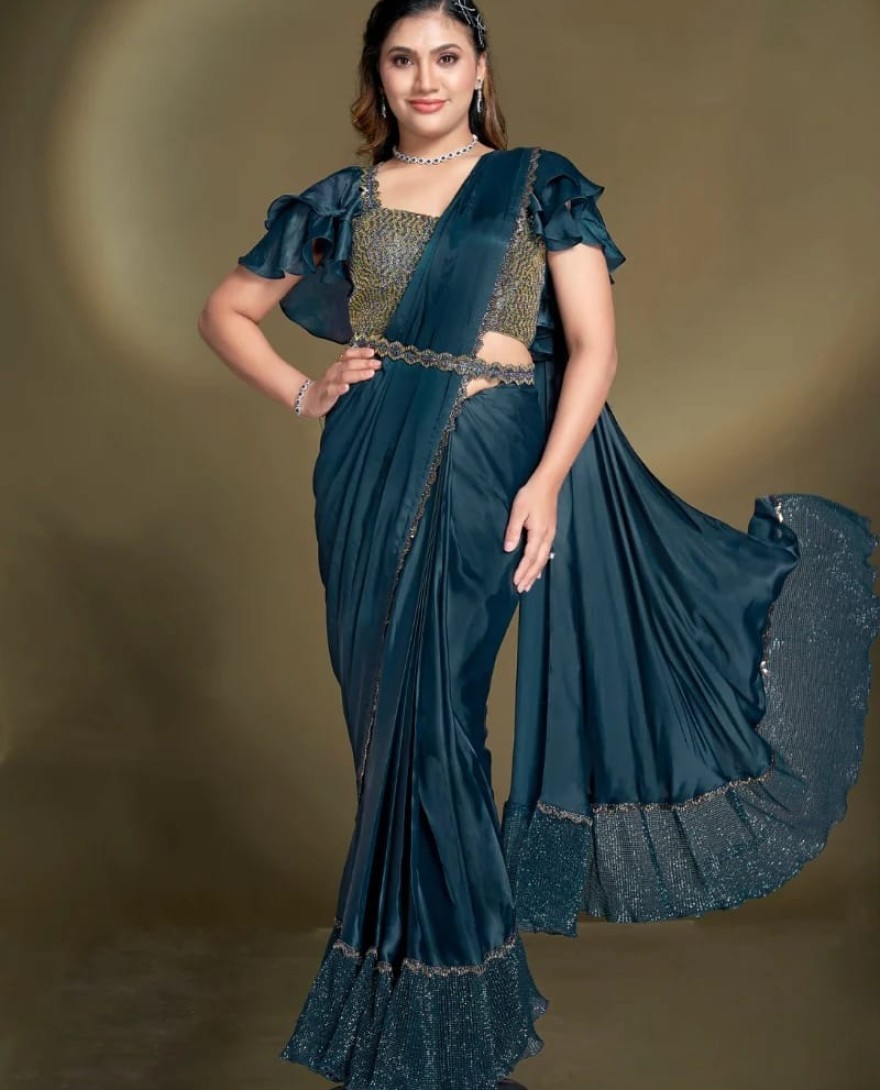 BLUE - Ready To Wear Teal Blue Satin Silk Saree With Designer Blouse For Indian Festival And Pakistani Wedding