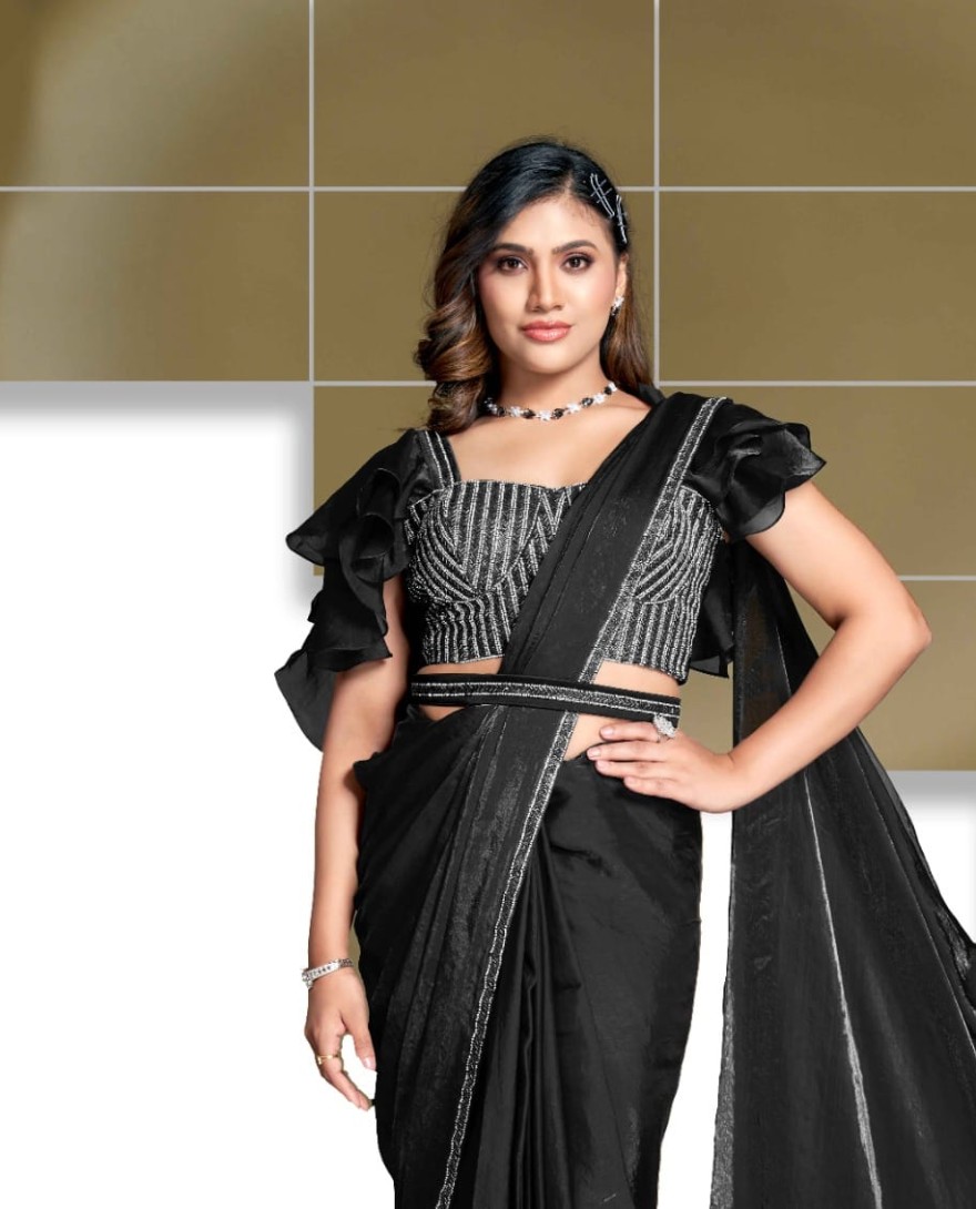 BLACK - Ready To Wear Black Satin Silk Saree With Designer Blouse For Indian Festival And Pakistani Wedding
