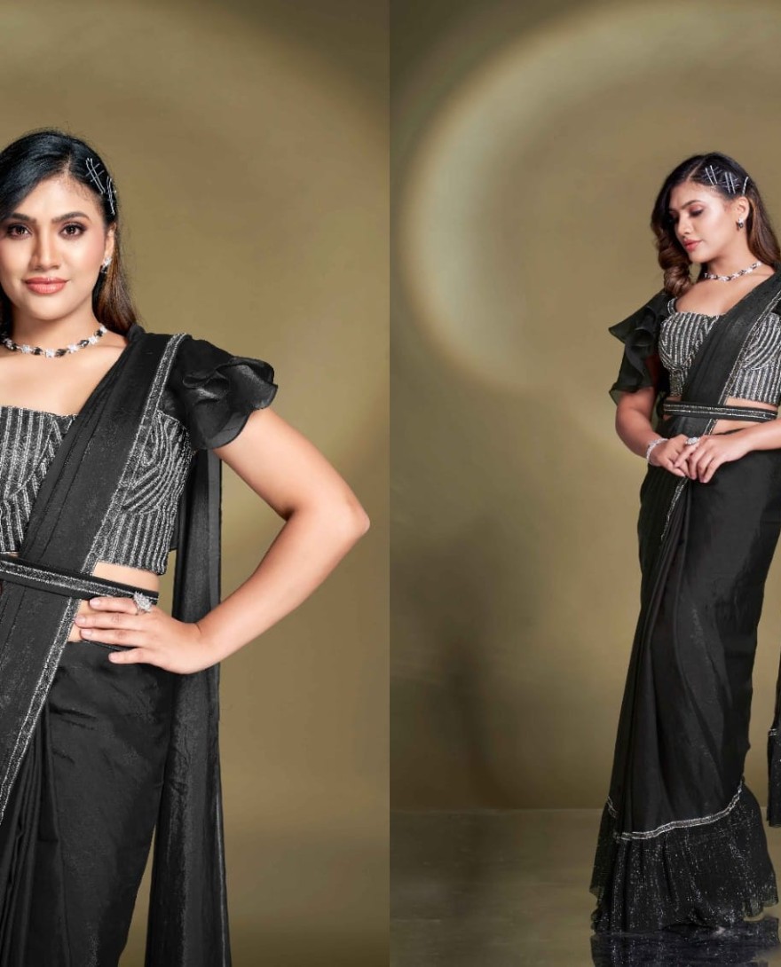 BLACK - Ready To Wear Black Satin Silk Saree With Designer Blouse For Indian Festival And Pakistani Wedding