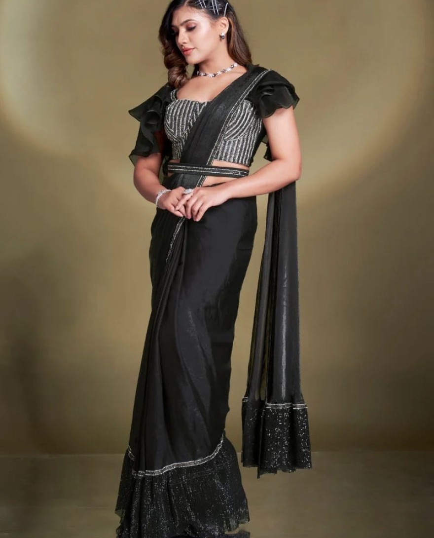 BLACK - Ready To Wear Black Satin Silk Saree With Designer Blouse For Indian Festival And Pakistani Wedding