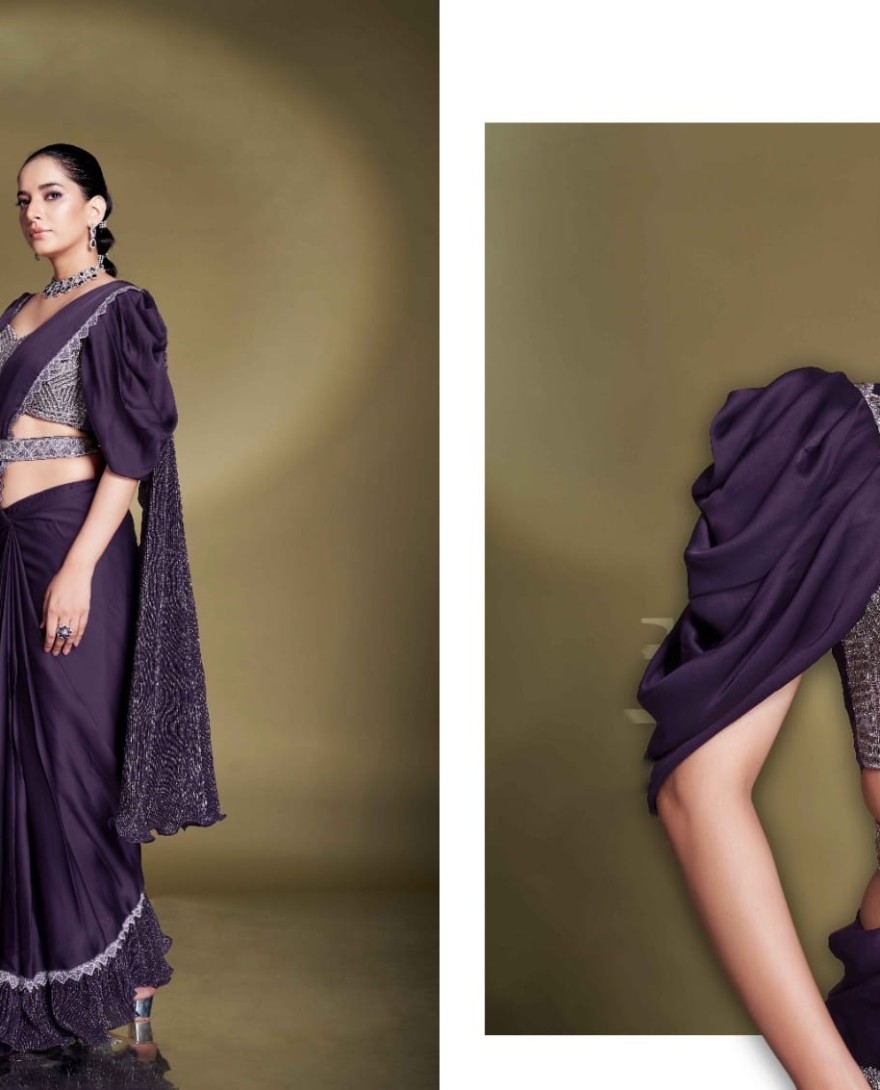 PURPLE - Party Wear Pre Stitched Purple Satin Silk Saree With Designer Blouse